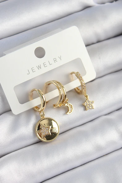 Pirinç Zirkon Taşlı Yıldız Ve Ay Model Gold Renk 3'lü Çift Kadın Küpe Set - TJ-BKP10833 ürün görseli 1
