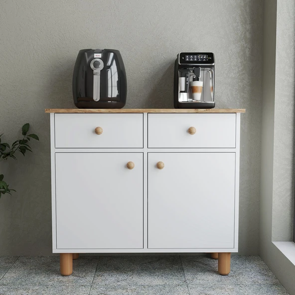 Kahve Köşesi Dolabı - Mat Beyaz Çok Amaçlı Ahşap Dolap - Şık Ve Modern Mutfak/dekorasyon Ürünü