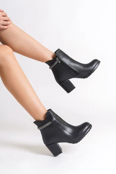 LIA Fermuarlı Ortopedik Taban Taşlı Topuklu Kadın Bot  CST - Siyah - Resim 3