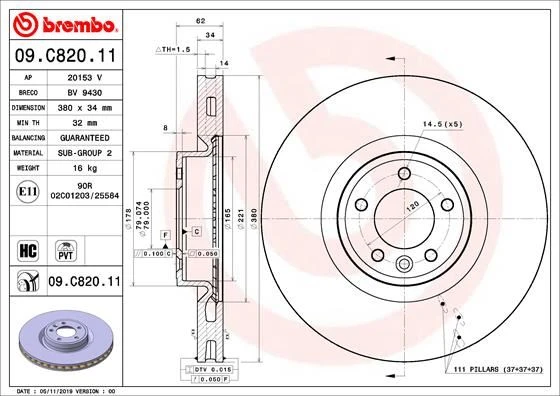 BREMBO 09C82011 FREN DISKI ON DEFENDER L663 DISCOVERY 5 L462 R.R 4 VOGUE L405 R.R SPORT 2 L494 LR098968-LR161894 ürün görseli 1
