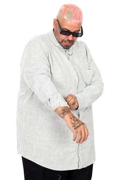 Büyük Beden Erkek Gömlek Uzun Kol Keten Cepli Haki 20384 - 4