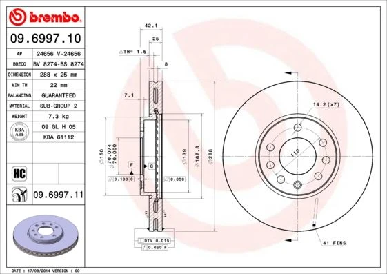 BREMBO 09699710 ÖN FREN AYNASI VECTRA B 96 > 02 SAAB 9-2/9-3 93>03 288x25x7DLxHAVALI 32025723-569357-93182306 569056-90512029-569009-93182284 ürün görseli 1