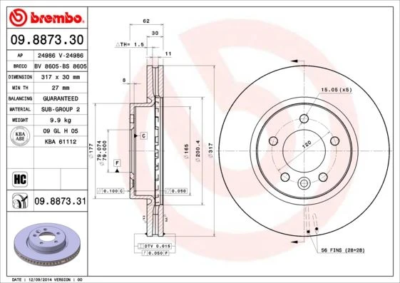 BREMBO 09887331 FREN DISKI ON DISCOVERY 3 L319 04>09 DISCOVERY 4 L319 09>18 SDB000602-SDB000604-SDB500120 ürün görseli 1