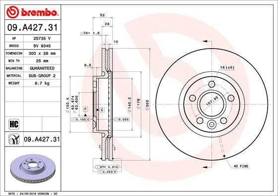 BREMBO 09A42731 ON FREN DISK AYNASI MONDEO IV S MAX GALAXY 07>11 FREELANDER 2 06-14 EVOQUE 12-18 > VOLVO S60 II 10 > S80 II V70 III XC70 II 06 > 300cm CAP 7G911125BA-30769056 ürün görseli 1