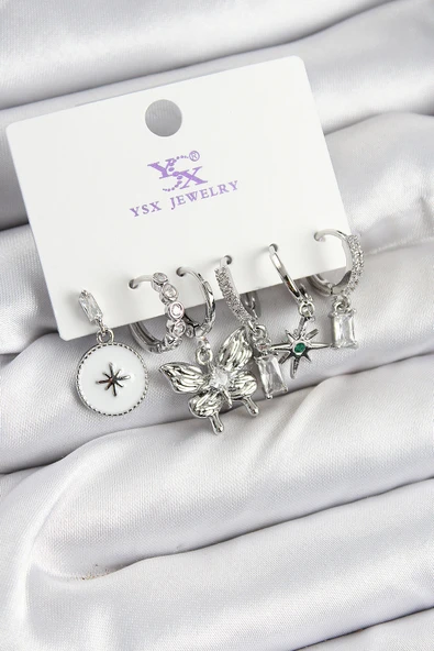 Pirinç Zİrkon Taşlı Kelebek ve Yıldız Model Gümüş Renk 3'lü Çift Kadın Küpe - TJ-BKP10958 ürün görseli 1