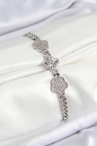 Pirinç Zirkon Taşlı Yonca Model Gümüş Renk Kadın Bileklik - TJ-BB7548 ürün görseli 1