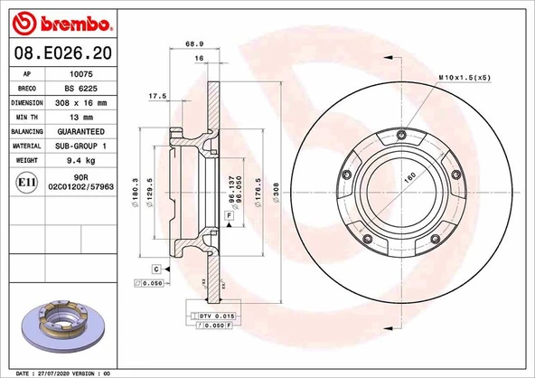 BREMBO 08E02620 ARKA FREN DISK AYNASI TRANSIT CUSTOM V362 12> ABS LI O.CEKER CAP 308 16 BK212A097EA-2012584-2040064 ürün görseli 1