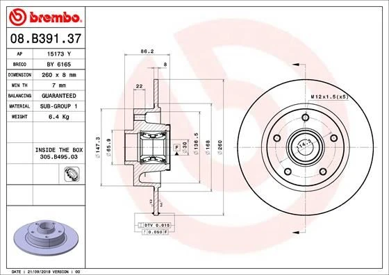 BREMBO 08B39137 ARKA FREN DİSKİ RENAULT MEGANE IV 15> DIŞ CAP: 260 MM K:86 MM 5 DELİK 432027412R-432000185R-432006609R ürün görseli 1