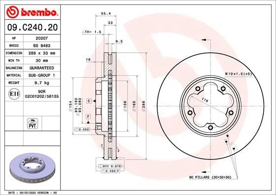 BREMBO 09C24020 ON FREN DISKI AYNASI TRANSIT CUSTOM V362 12> ARKA TEK TEKER CAP 288 33 BK211125HA-BK211125GA-2221678 ürün görseli 1