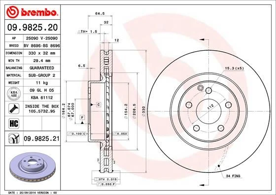BREMBO 09982521 FREN DISKI ON MERCEDES C219 W211 S211 X204 A2044212912 ürün görseli 1