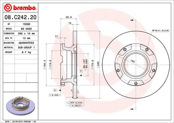 BREMBO 08C24220 ARKA FREN DISK AYNASI TRANSIT CUSTOM V362 2.2TDCI 12> CAP 288 16 BK212A097BA-BK212A097FA-BK212A097HA ürün görseli 1