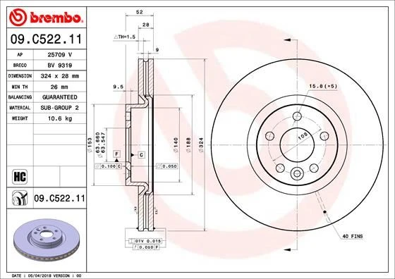 BREMBO 09C52211 ÖN FREN AYNASI ADET VOLVO XC60 D3 D4 D5 2.4D 2.0T 3.2 T5 T6 2008 >2017 CAP 324X5 BJN DELİKLİ 31423214-31423305 ürün görseli 1