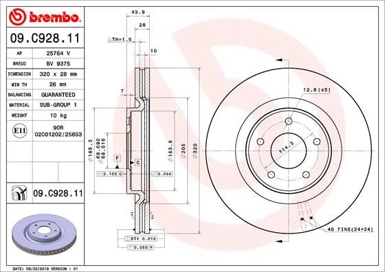 BREMBO 09C92811 ON FREN DISKI NISSAN X-TRAIL III 15> RENAULT KOLEOS II 16> HAVALANDIRMALI 5DELİK 28x26x44 DIŞ ÇAP:320 402064CE0A-402065998R ürün görseli 1