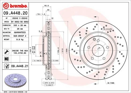 BREMBO 09A44821 FREN DISKI ON MERCEDES W203 CL203 S203 C209 A209 R171 AMG SPOR TIP A2034211312 ürün görseli 1