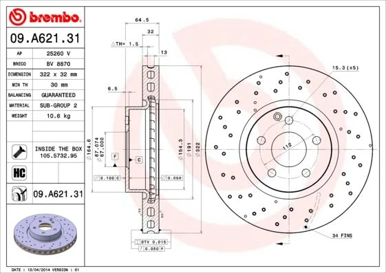 BREMBO 09A62131 FREN DISKI ON MERCEDES W204 S204 W212 S212 C207 A207 A2044211012 ürün görseli 1