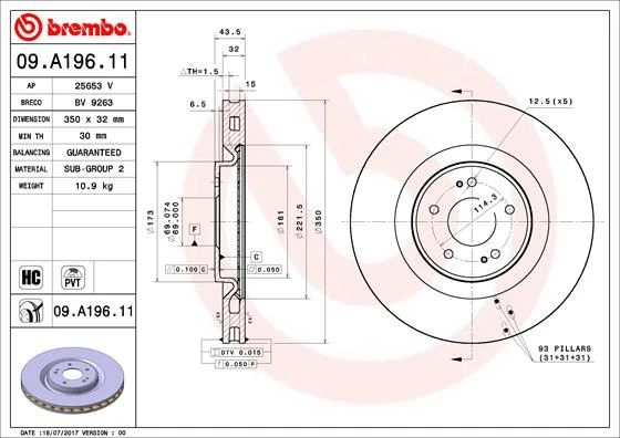 BREMBO 09A19611 FREN DİSKİ ÖN MITSUBISHI LANCER EVO X 2.0L 4B11 CZ4A 08-15 Takım disk fiyatıdır 4615A024 ürün görseli 1