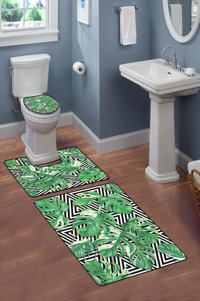 Modern Desenli Dijital Baskı 3’lü Banyo Paspas Takımı Yıkanabilir Kaymaz Tabanlı Klozet Takımı KLZ0051 RENKLİ 60 X 90 - Resim 2