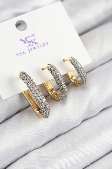 Pirinç Zirkon Taşlı 3'lü Oval Dikdörtgen Model Gold Ve Gümüş Renk Kadın Küpe - TJ-BKP11150 ürün görseli 1