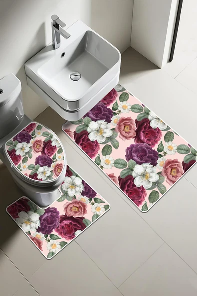 Modern Desenli 3’lü Banyo Paspas Takımı Yıkanabilir Kaymaz Tabanlı Klozet Takımı KLZ0053 RENKLİ 60 X 90 - 1