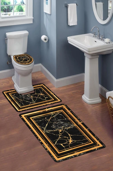 Modern Desenli Dijital Baskı 3’lü Banyo Paspas Takımı Yıkanabilir Kaymaz Tabanlı Klozet Takımı KLZ0058 RENKLİ 60 X 90 - Resim 2