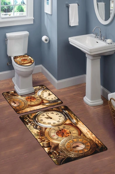Modern Desenli Dijital Baskı 3’lü Banyo Paspas Takımı Yıkanabilir Kaymaz Tabanlı Klozet Takımı KLZ0063 RENKLİ 60 X 90 - Resim 2