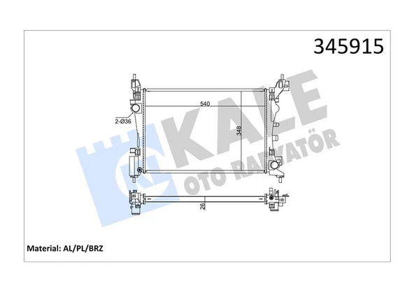 KALE 345915 SU RADYATÖRÜ FIAT PUNTO-FIORINO-QUBO 1.2 1.4 1.4 16V 05 > MT AC NAC BRAZING 540x348x26 51864284-55700447 ürün görseli 1
