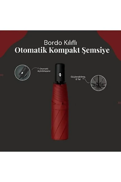 Bordo 8 Telli Şemsiye Unisex Rüzgara Dayanıklı Kırılmayan Erkek Kadın Tam Otomatik Şemsiye 98x58 cm - Resim 2