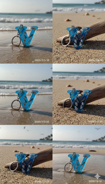 "V" HARFİ - Açık Mavi Deniz Epoksi Harf Anahtarlık – Gerçek Deniz Kabuğu, El Yapımı, Benzersiz - Resim 3