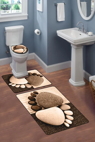 Modern Desenli 3’lü Banyo Paspas Takımı Yıkanabilir Kaymaz Tabanlı Klozet Takımı KLZ0055 RENKLİ 60 X 90 - 2