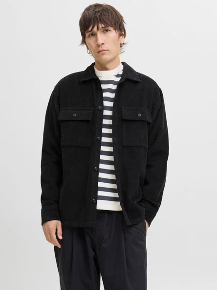 JJEPERFECT CORDUROY OVERSHIRT LS SN Black Black S - Resim 7