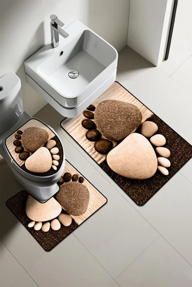 Modern Desenli 3’lü Banyo Paspas Takımı Yıkanabilir Kaymaz Tabanlı Klozet Takımı KLZ0055 RENKLİ 60 X 90 - 1