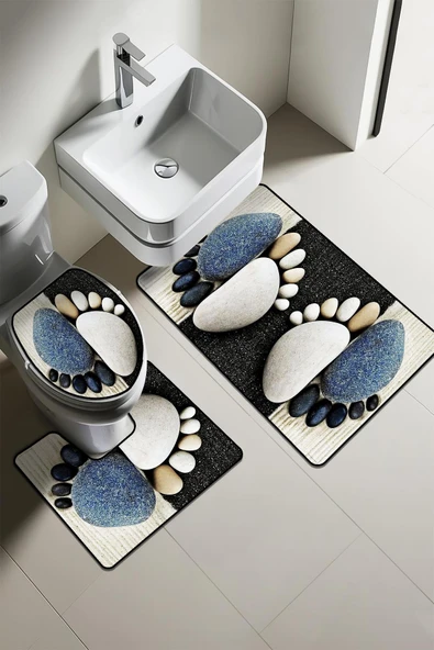 Modern Desenli 3’lü Banyo Paspas Takımı Yıkanabilir Kaymaz Tabanlı Klozet Takımı KLZ0054 RENKLİ 60 X 90 - 1