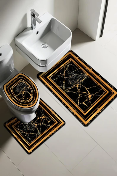 Modern Desenli 3’lü Banyo Paspas Takımı Yıkanabilir Kaymaz Tabanlı Klozet Takımı KLZ0058 RENKLİ 60 X 90 - 1
