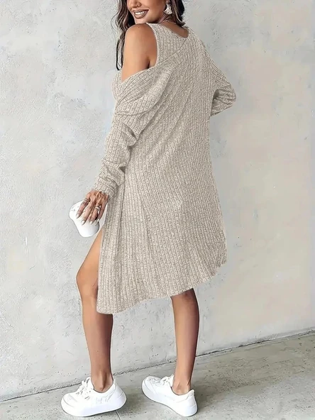 Kadın Askılı Yuvarlak Yakalı önü Düğmeli şardonlu Kaşkorse Mini Elbise Ve Kısa Ceket - Resim 3