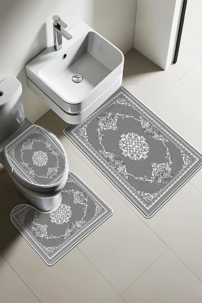 Modern Desenli 3’lü Banyo Paspas Takımı Yıkanabilir Kaymaz Tabanlı Klozet Takımı KLZ0057 RENKLİ 60 X 90 - 1