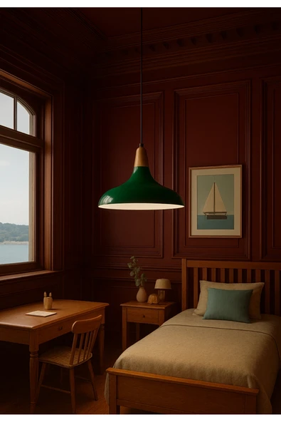 Banker Yeşili Büyük Metal Avize Ahşap Detaylı Retro Tasarım E27 - Resim 2