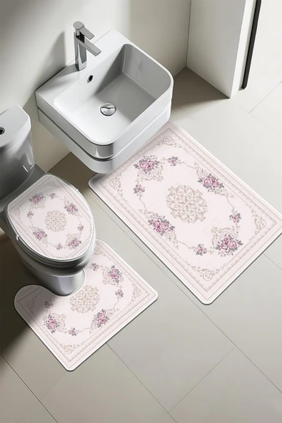 Modern Desenli 3’lü Banyo Paspas Takımı Yıkanabilir Kaymaz Tabanlı Klozet Takımı KLZ0056 RENKLİ 60 X 90 - 1