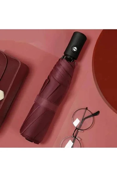 Bordo 8 Telli Şemsiye Unisex Rüzgara Dayanıklı Kırılmayan Erkek Kadın Tam Otomatik Şemsiye 98x58 cm ürün görseli 1
