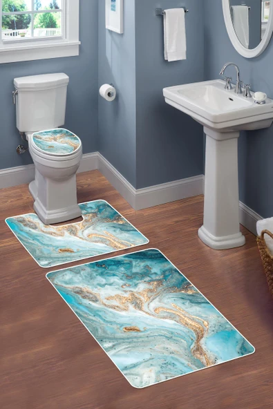 Modern Desenli 3’lü Banyo Paspas Takımı Yıkanabilir Kaymaz Tabanlı Klozet Takımı KLZ0052 RENKLİ 60 X 90 - 2