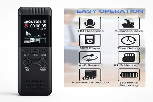 32GB Profesyonel Dijital Ses Kayıt Cihazı Dahili Hoparlör ve MP3 Çalar - 2