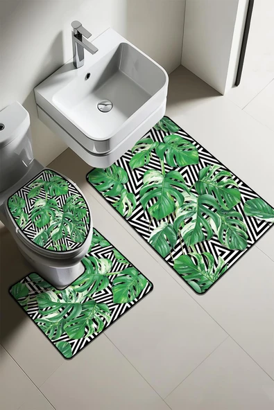 Modern Desenli 3’lü Banyo Paspas Takımı Yıkanabilir Kaymaz Tabanlı Klozet Takımı KLZ0051 RENKLİ 60 X 90 - 1