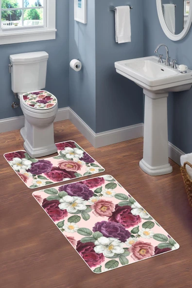 Modern Desenli 3’lü Banyo Paspas Takımı Yıkanabilir Kaymaz Tabanlı Klozet Takımı KLZ0053 RENKLİ 60 X 90 - 2