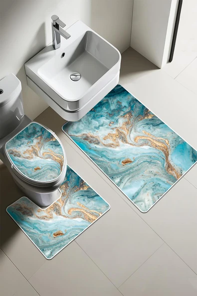 Modern Desenli 3’lü Banyo Paspas Takımı Yıkanabilir Kaymaz Tabanlı Klozet Takımı KLZ0052 RENKLİ 60 X 90 - 1