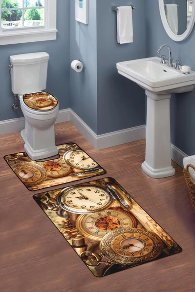 Modern Desenli 3’lü Banyo Paspas Takımı Yıkanabilir Kaymaz Tabanlı Klozet Takımı KLZ0063 RENKLİ 60 X 90 - 2