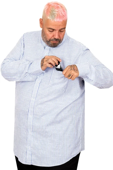 Büyük Beden Erkek Gömlek Uzun Kol Keten Cepli Mavi 20384 - 2