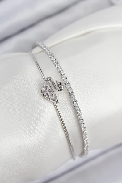 Pirinç Zirkon Taşlı Kuğu Model Gümüş Renk Kadın Bileklik - TJ-BB7890 ürün görseli 1