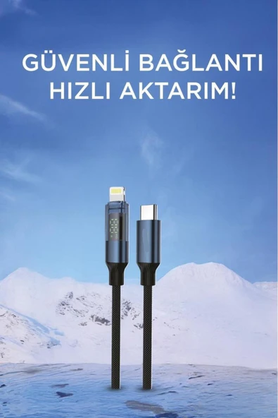 U22 Type-C to Lightning 27W Hızlı Şarj Kablosu LED Ekranlı Dayanıklı Örgü Kablo - 4