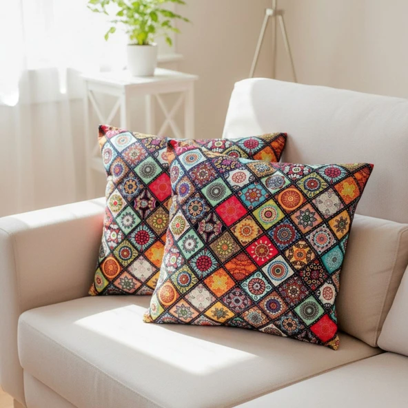 Soyoe Kırlent Kılıfı 2'li Yörel Renkli  Dekoratif Yastık Kılıfı 45x45