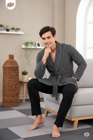 Gd Goldoremi 23711 Erkek Pamuklu Uzun Kollu Kuşaklı Robdöşambr Sabahlık - 2