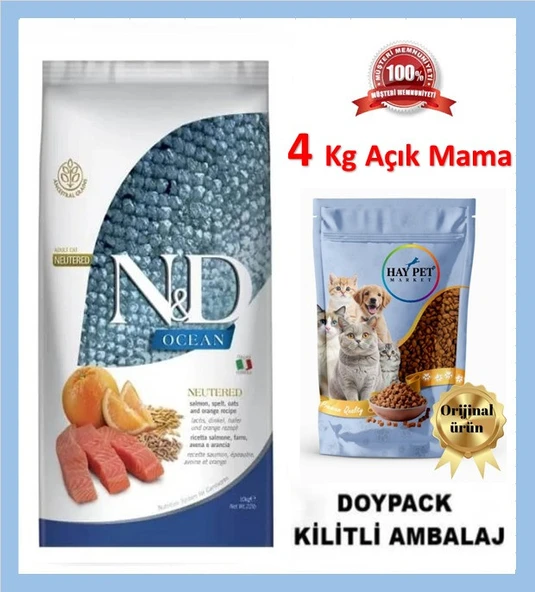 N&D Ocean Düşük Tahıllı Kısırlaştırılmış Somonlu ve Portakallı 4 kg Yetişkin Kedi Maması Açık mama ürün görseli